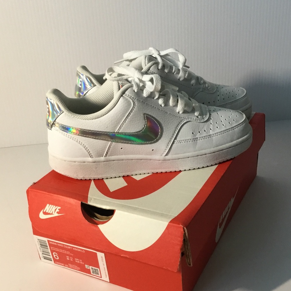 Nike White Low-Top Sneakers with Iridescent Swoosh